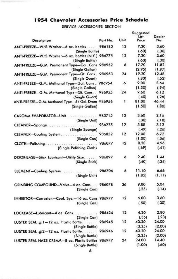 1954 Chevrolet Accessories Price List Page 1